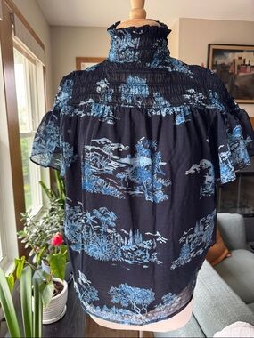 Ann Taylor Floral Toile Smocked Yoke Top in the "Night Sky" colorway
